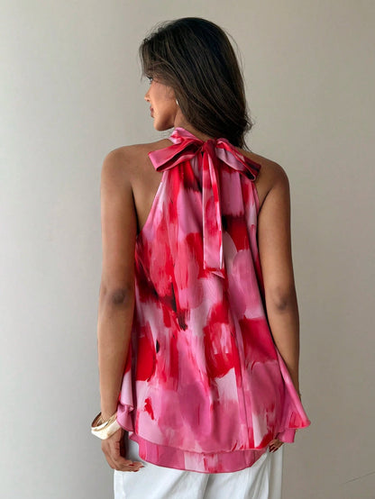 Aloruh Women's Summer Elegant Pink And Red Tropical Floral Print Halter Neck Ruched A-Line Chiffon Backless Tie Camisole Top,Perfect For Brunch And Vacations