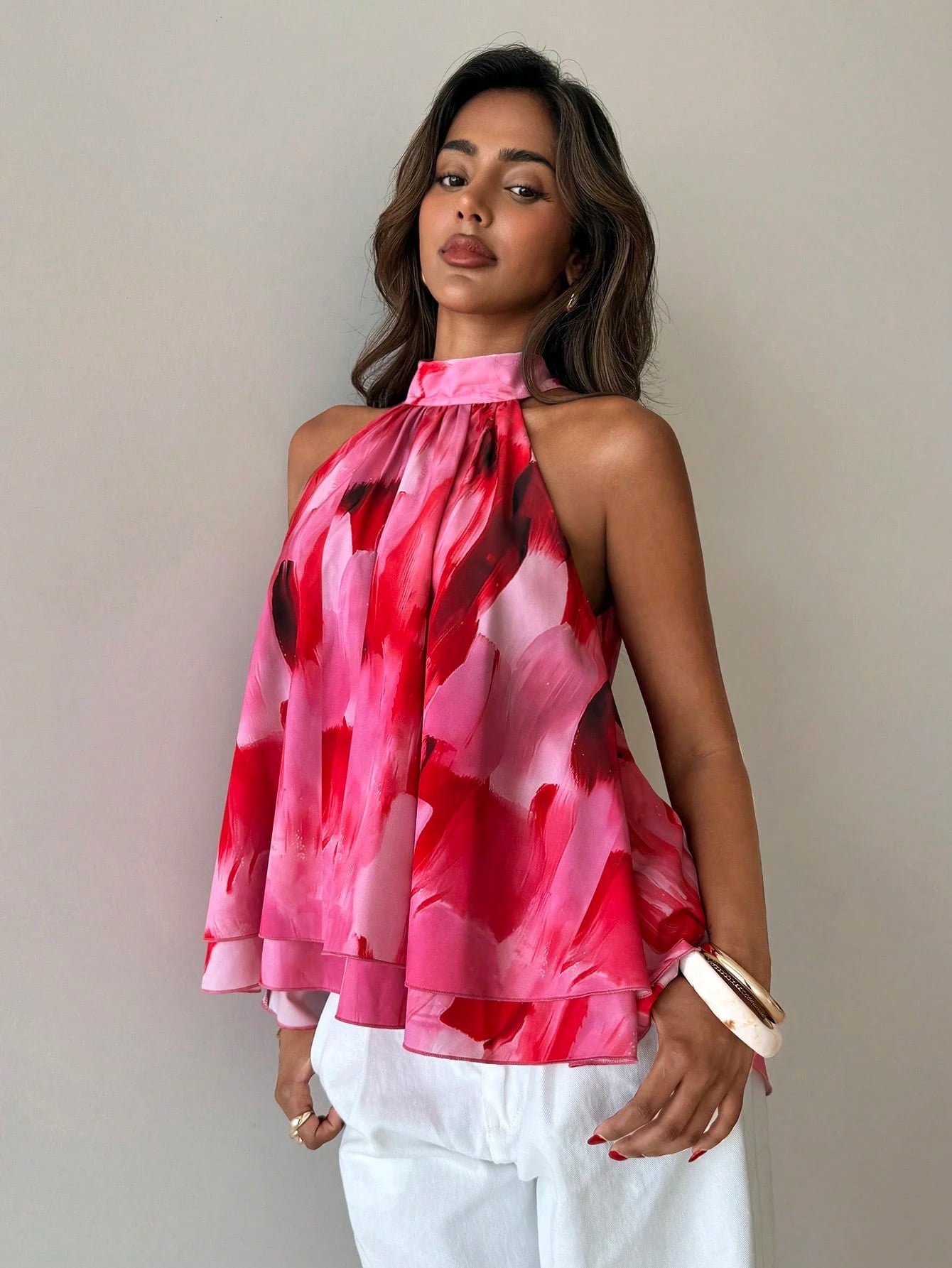 Aloruh Women's Summer Elegant Pink And Red Tropical Floral Print Halter Neck Ruched A-Line Chiffon Backless Tie Camisole Top,Perfect For Brunch And Vacations