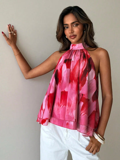 Aloruh Women's Summer Elegant Pink And Red Tropical Floral Print Halter Neck Ruched A-Line Chiffon Backless Tie Camisole Top,Perfect For Brunch And Vacations