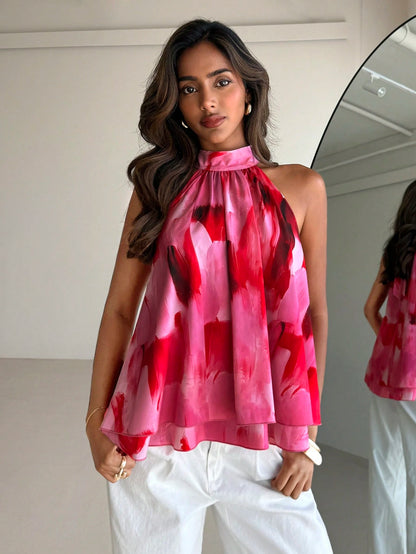 Aloruh Women's Summer Elegant Pink And Red Tropical Floral Print Halter Neck Ruched A-Line Chiffon Backless Tie Camisole Top,Perfect For Brunch And Vacations