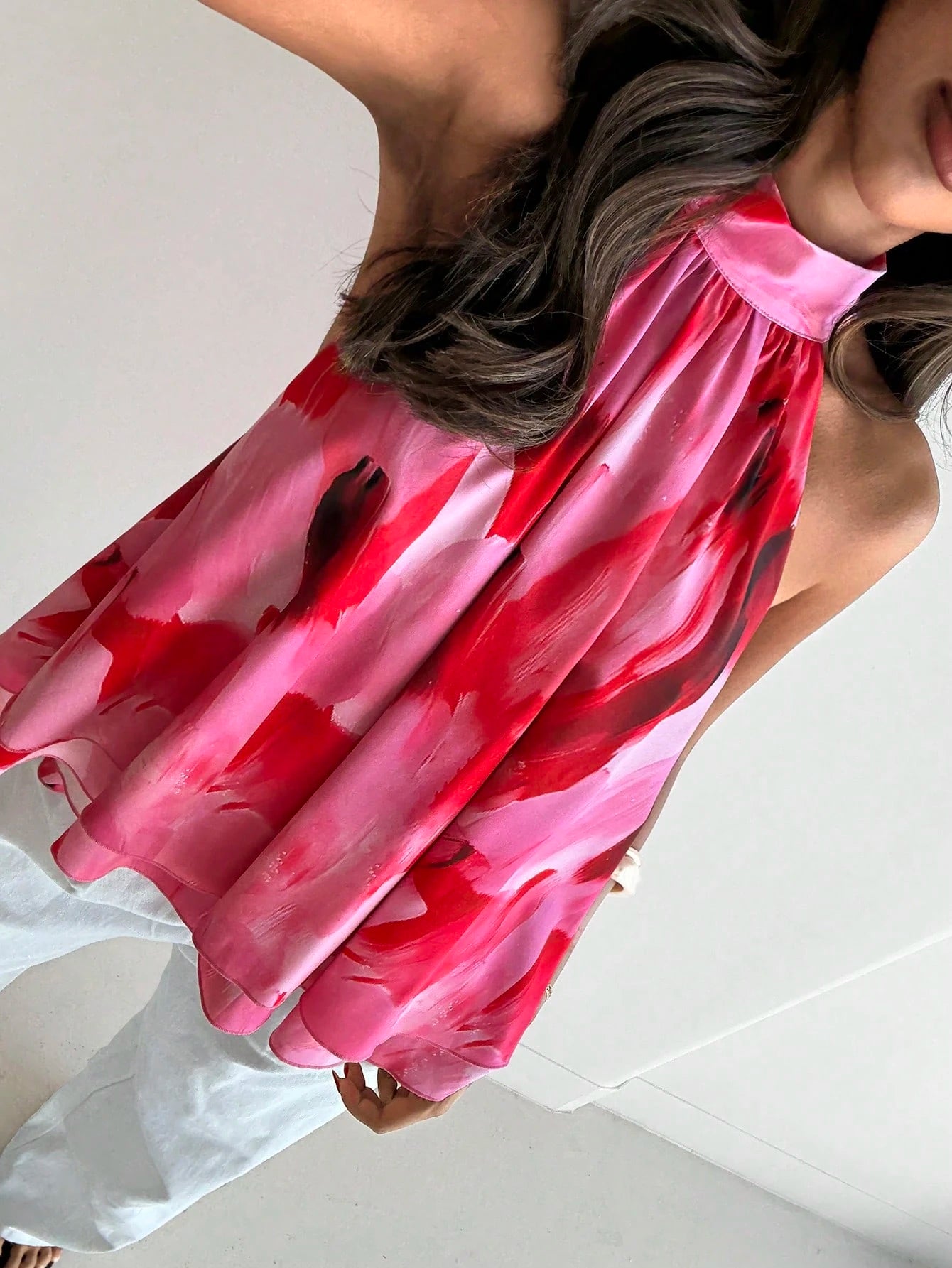 Aloruh Women's Summer Elegant Pink And Red Tropical Floral Print Halter Neck Ruched A-Line Chiffon Backless Tie Camisole Top,Perfect For Brunch And Vacations