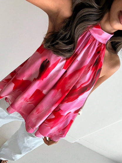 Aloruh Women's Summer Elegant Pink And Red Tropical Floral Print Halter Neck Ruched A-Line Chiffon Backless Tie Camisole Top,Perfect For Brunch And Vacations