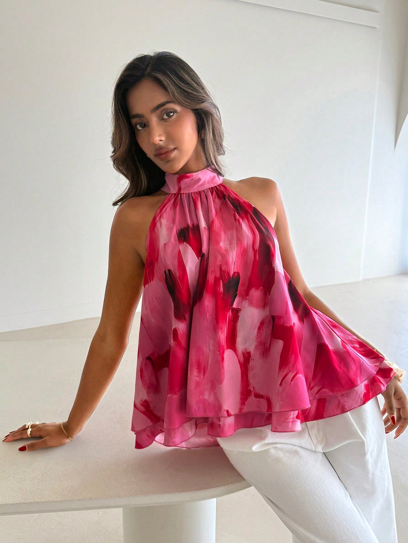 Aloruh Women's Summer Elegant Pink And Red Tropical Floral Print Halter Neck Ruched A-Line Chiffon Backless Tie Camisole Top,Perfect For Brunch And Vacations