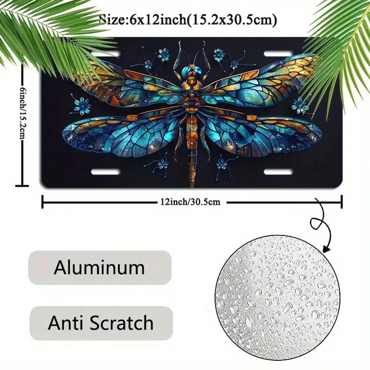 Aluminum C1 Piece 6x 12inch (15.2x 30.5cm ) Aluminum License Plate Beautiful Dragonfly Front License Plate Cover Car Decoration, For Decorative Purposes Only