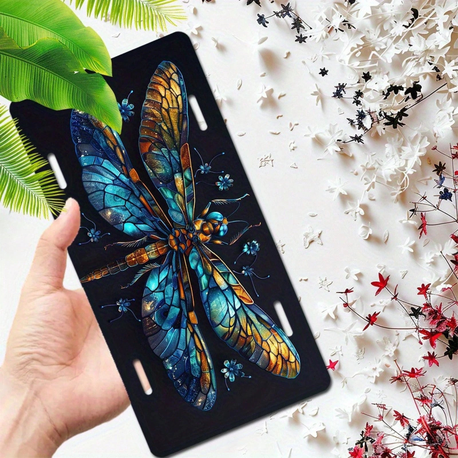 Aluminum C1 Piece 6x 12inch (15.2x 30.5cm ) Aluminum License Plate Beautiful Dragonfly Front License Plate Cover Car Decoration, For Decorative Purposes Only