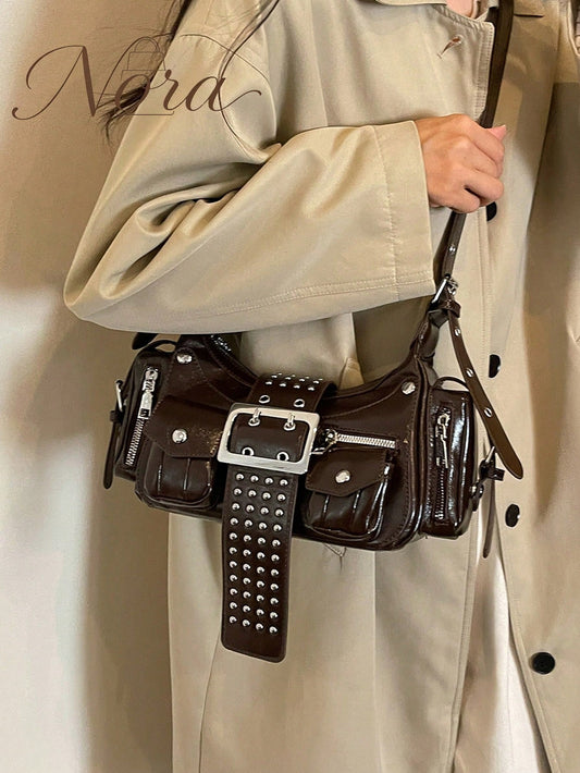American Retro Motorcycle Style Glossy Underarm Bag For Women, Multi-Pocket Rivet Belt Decor Distressed Oil Wax PU Baguette Bag, Wide Rivet Shoulder Strap Cool Chic Shoulder Crossbody Small Bag