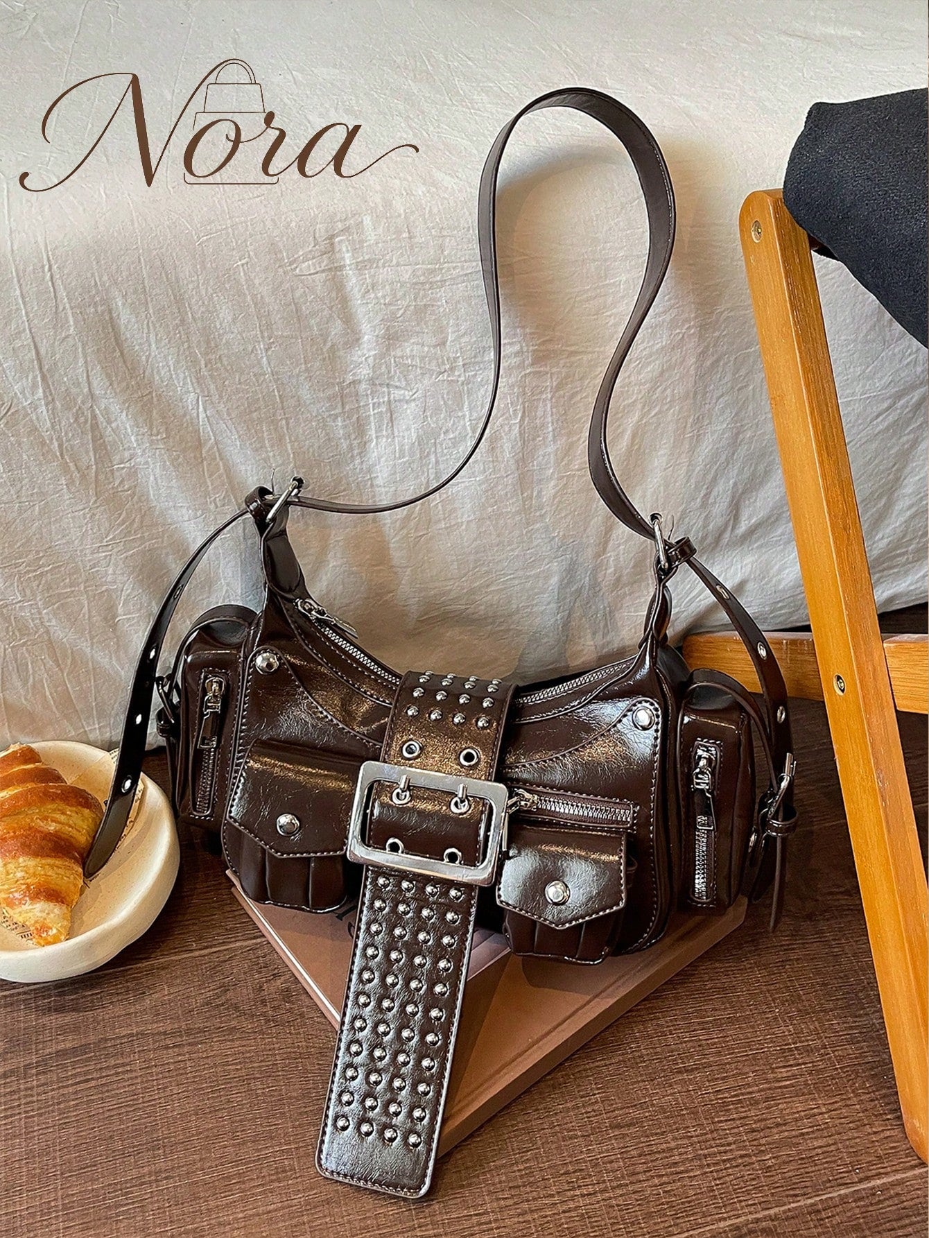 American Retro Motorcycle Style Glossy Underarm Bag For Women, Multi-Pocket Rivet Belt Decor Distressed Oil Wax PU Baguette Bag, Wide Rivet Shoulder Strap Cool Chic Shoulder Crossbody Small Bag
