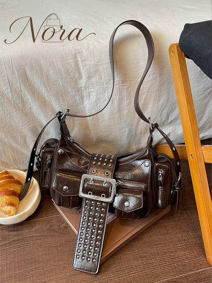 American Retro Motorcycle Style Glossy Underarm Bag For Women, Multi-Pocket Rivet Belt Decor Distressed Oil Wax PU Baguette Bag, Wide Rivet Shoulder Strap Cool Chic Shoulder Crossbody Small Bag