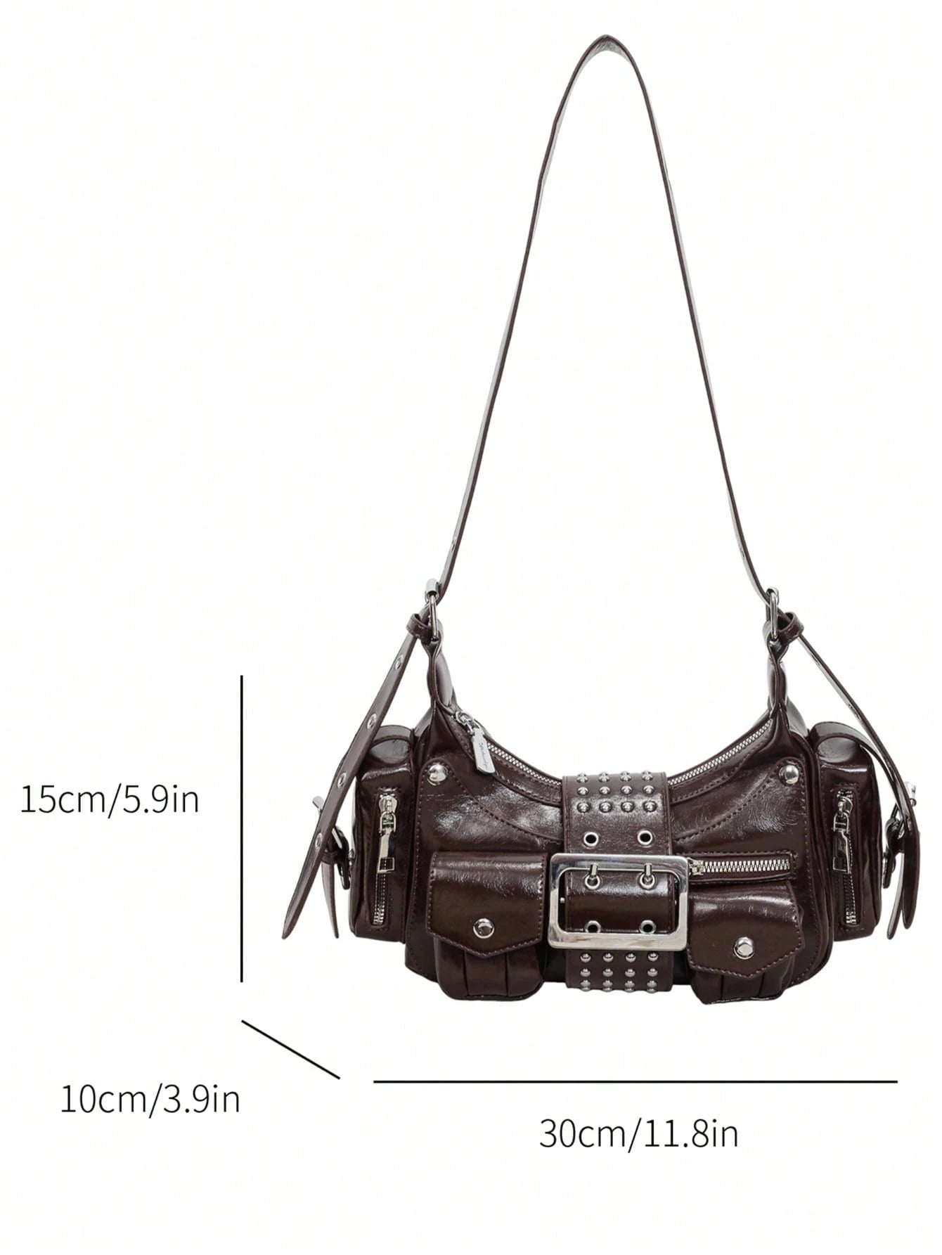 American Retro Motorcycle Style Glossy Underarm Bag For Women, Multi-Pocket Rivet Belt Decor Distressed Oil Wax PU Baguette Bag, Wide Rivet Shoulder Strap Cool Chic Shoulder Crossbody Small Bag