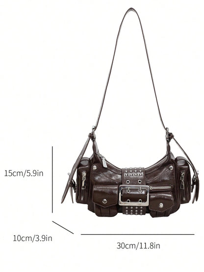 American Retro Motorcycle Style Glossy Underarm Bag For Women, Multi-Pocket Rivet Belt Decor Distressed Oil Wax PU Baguette Bag, Wide Rivet Shoulder Strap Cool Chic Shoulder Crossbody Small Bag