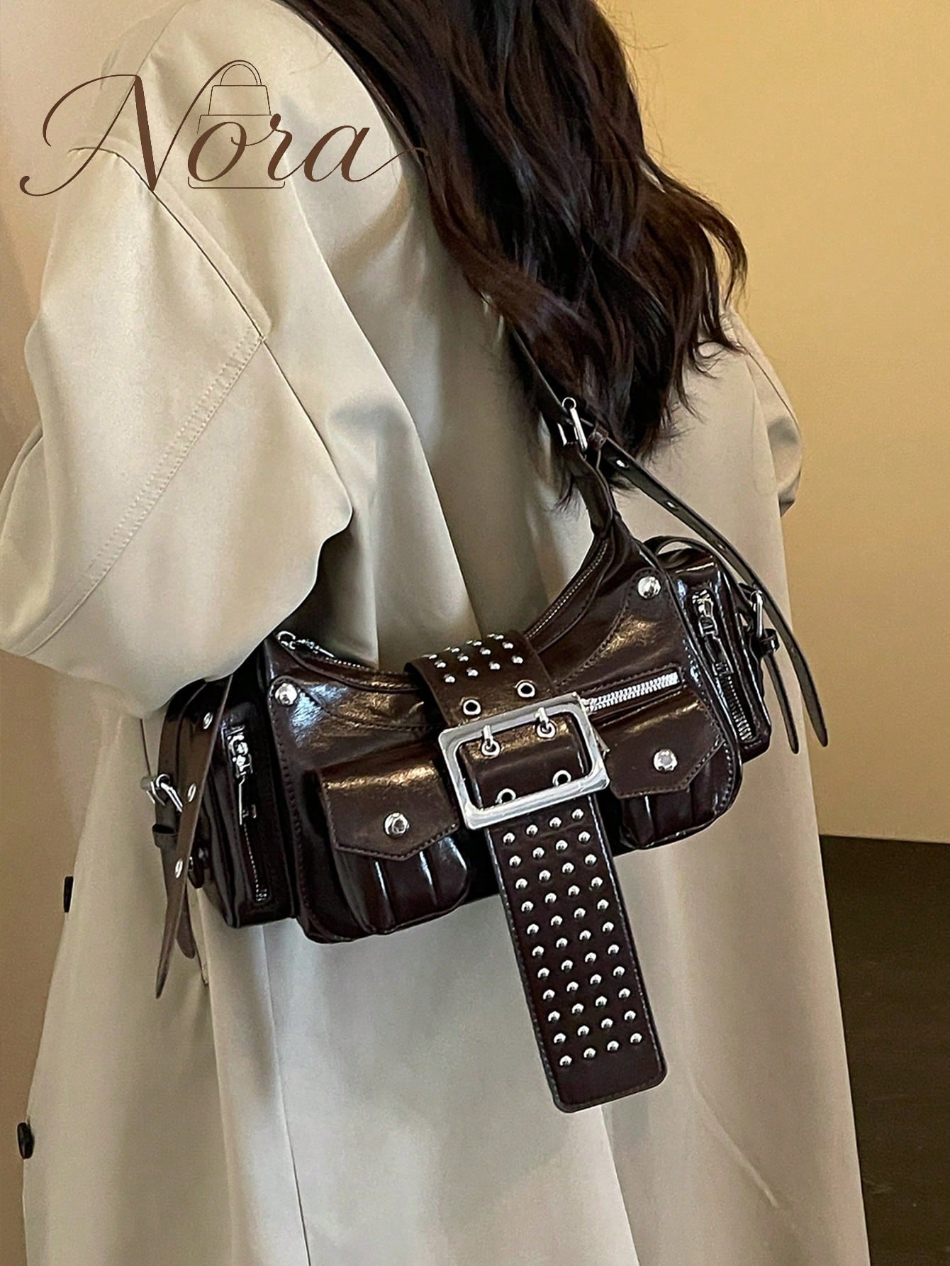 American Retro Motorcycle Style Glossy Underarm Bag For Women, Multi-Pocket Rivet Belt Decor Distressed Oil Wax PU Baguette Bag, Wide Rivet Shoulder Strap Cool Chic Shoulder Crossbody Small Bag