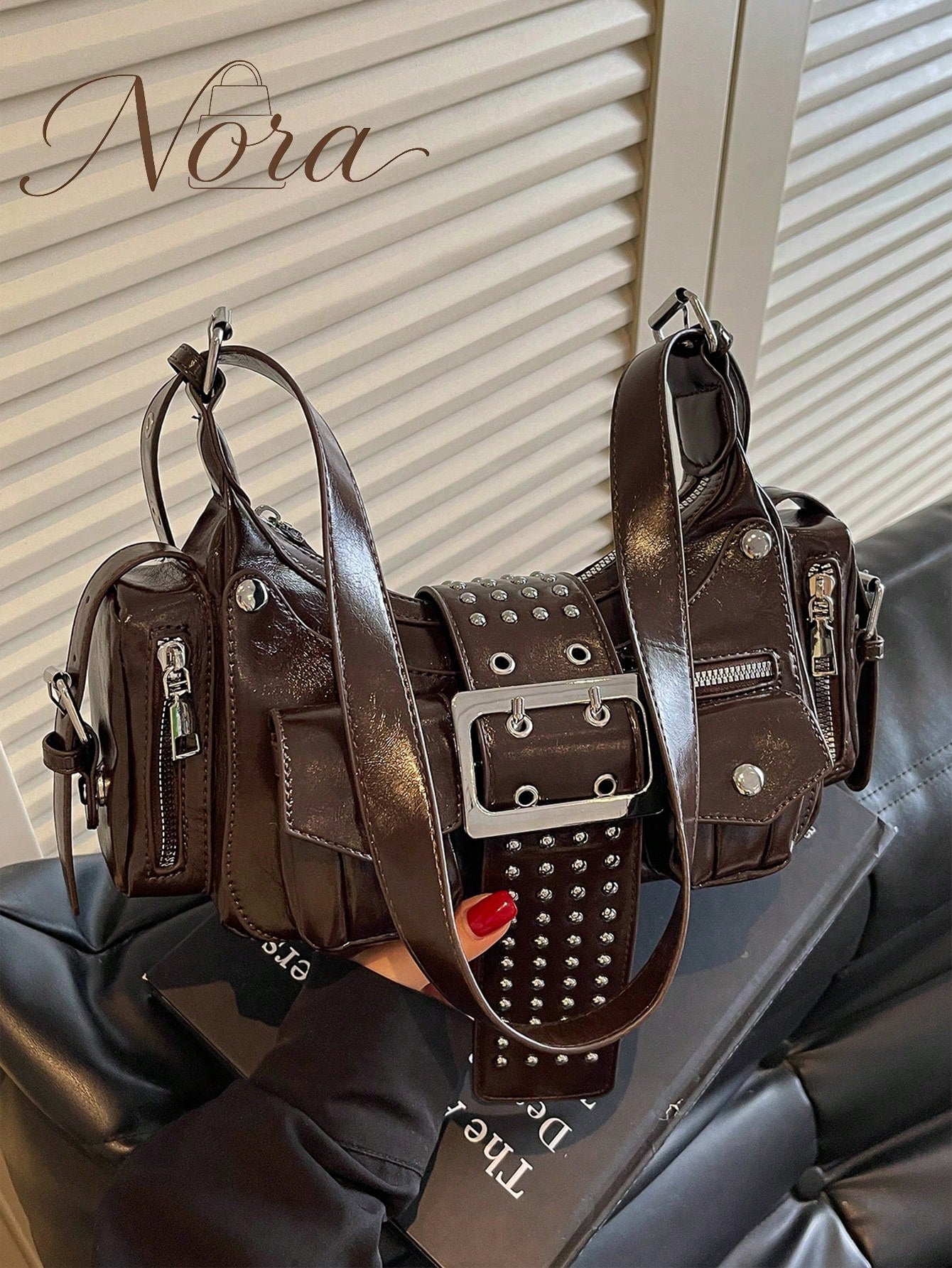 American Retro Motorcycle Style Glossy Underarm Bag For Women, Multi-Pocket Rivet Belt Decor Distressed Oil Wax PU Baguette Bag, Wide Rivet Shoulder Strap Cool Chic Shoulder Crossbody Small Bag