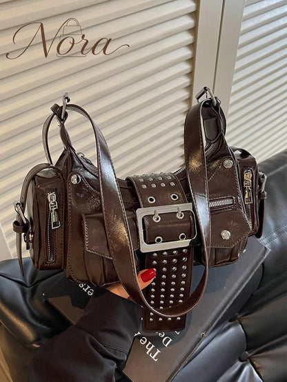 American Retro Motorcycle Style Glossy Underarm Bag For Women, Multi-Pocket Rivet Belt Decor Distressed Oil Wax PU Baguette Bag, Wide Rivet Shoulder Strap Cool Chic Shoulder Crossbody Small Bag