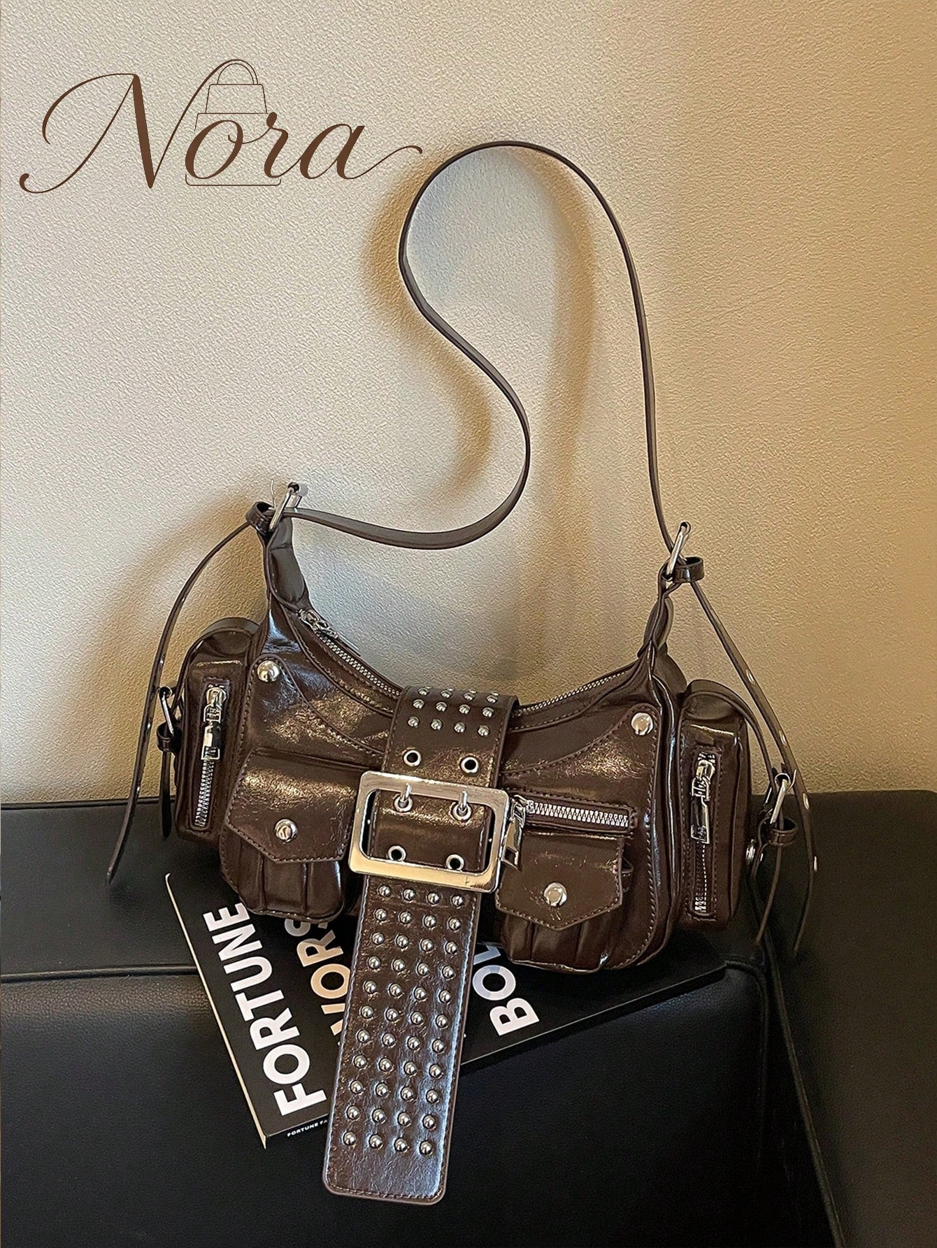 American Retro Motorcycle Style Glossy Underarm Bag For Women, Multi-Pocket Rivet Belt Decor Distressed Oil Wax PU Baguette Bag, Wide Rivet Shoulder Strap Cool Chic Shoulder Crossbody Small Bag