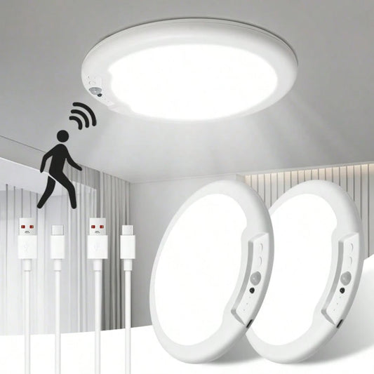 AMILL 2 Pack/ 1 Pack Rechargeable Motion Sensor Ceiling Light With Remote, Battery Operated, Wireless LED Overhead Light, No Wiring, 3 Color Dimmable Indoor Lamp For Closet, Shower, Pantry, Shed, Hall