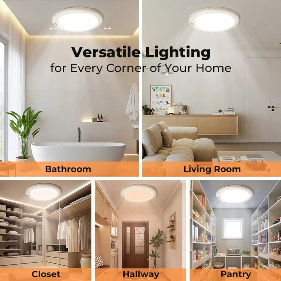 AMILL 2 Pack/ 1 Pack Rechargeable Motion Sensor Ceiling Light With Remote, Battery Operated, Wireless LED Overhead Light, No Wiring, 3 Color Dimmable Indoor Lamp For Closet, Shower, Pantry, Shed, Hall