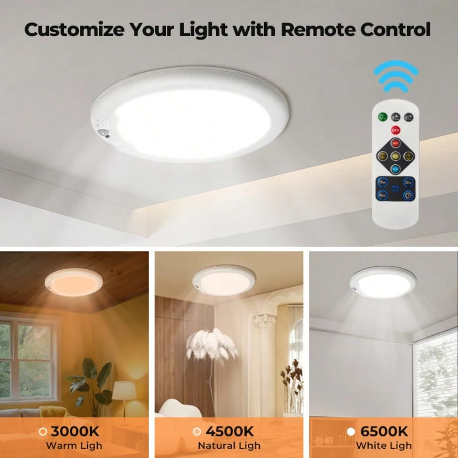 AMILL 2 Pack/ 1 Pack Rechargeable Motion Sensor Ceiling Light With Remote, Battery Operated, Wireless LED Overhead Light, No Wiring, 3 Color Dimmable Indoor Lamp For Closet, Shower, Pantry, Shed, Hall