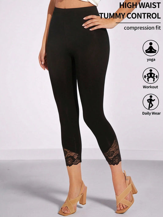 Amorya Contrast Lace Leggings Fall/Winter Back To School Modest Vintage Old Money Teacher Airport Summer Black Pants