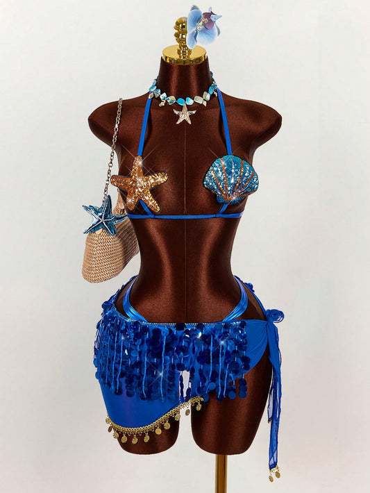 Amplova 3pcs Women's Starfish & Shell Detail Bikini Set With Beaded Skirt, Sexy & For Vacation, Music Festival, Spring/Summer Summer Clothes Women