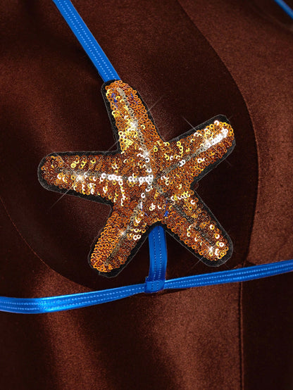 Amplova 3pcs Women's Starfish & Shell Detail Bikini Set With Beaded Skirt, Sexy & For Vacation, Music Festival, Spring/Summer Summer Clothes Women