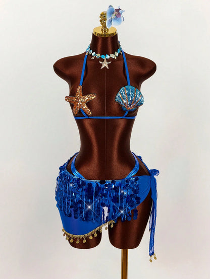 Amplova 3pcs Women's Starfish & Shell Detail Bikini Set With Beaded Skirt, Sexy & For Vacation, Music Festival, Spring/Summer Summer Clothes Women