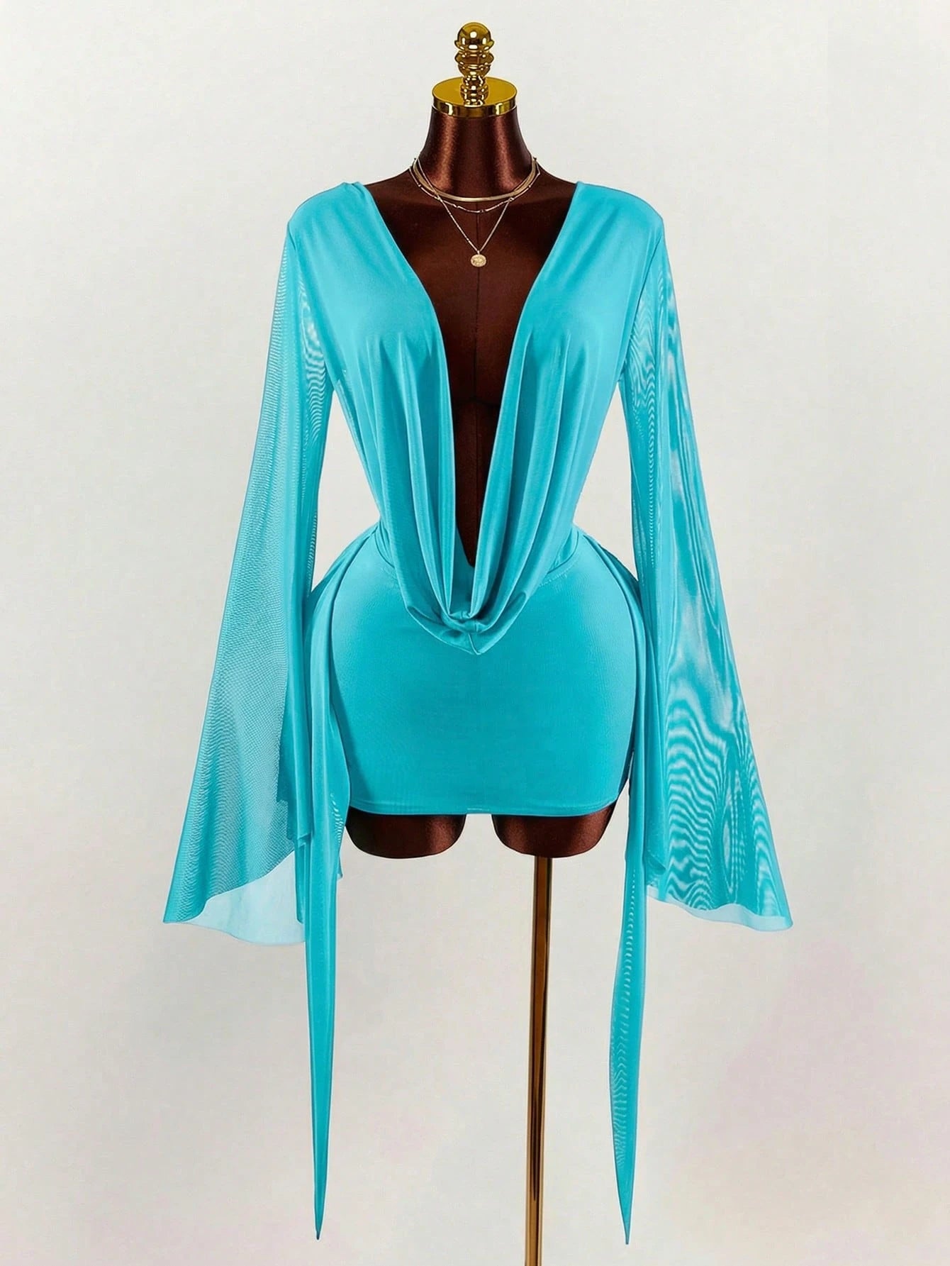 Amplova Romantic Vacation Earthy Tone Low-Cut Draping Collar, Flared Sleeves, Bodycon Mini Dress