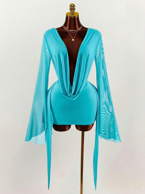 Amplova Romantic Vacation Earthy Tone Low-Cut Draping Collar, Flared Sleeves, Bodycon Mini Dress