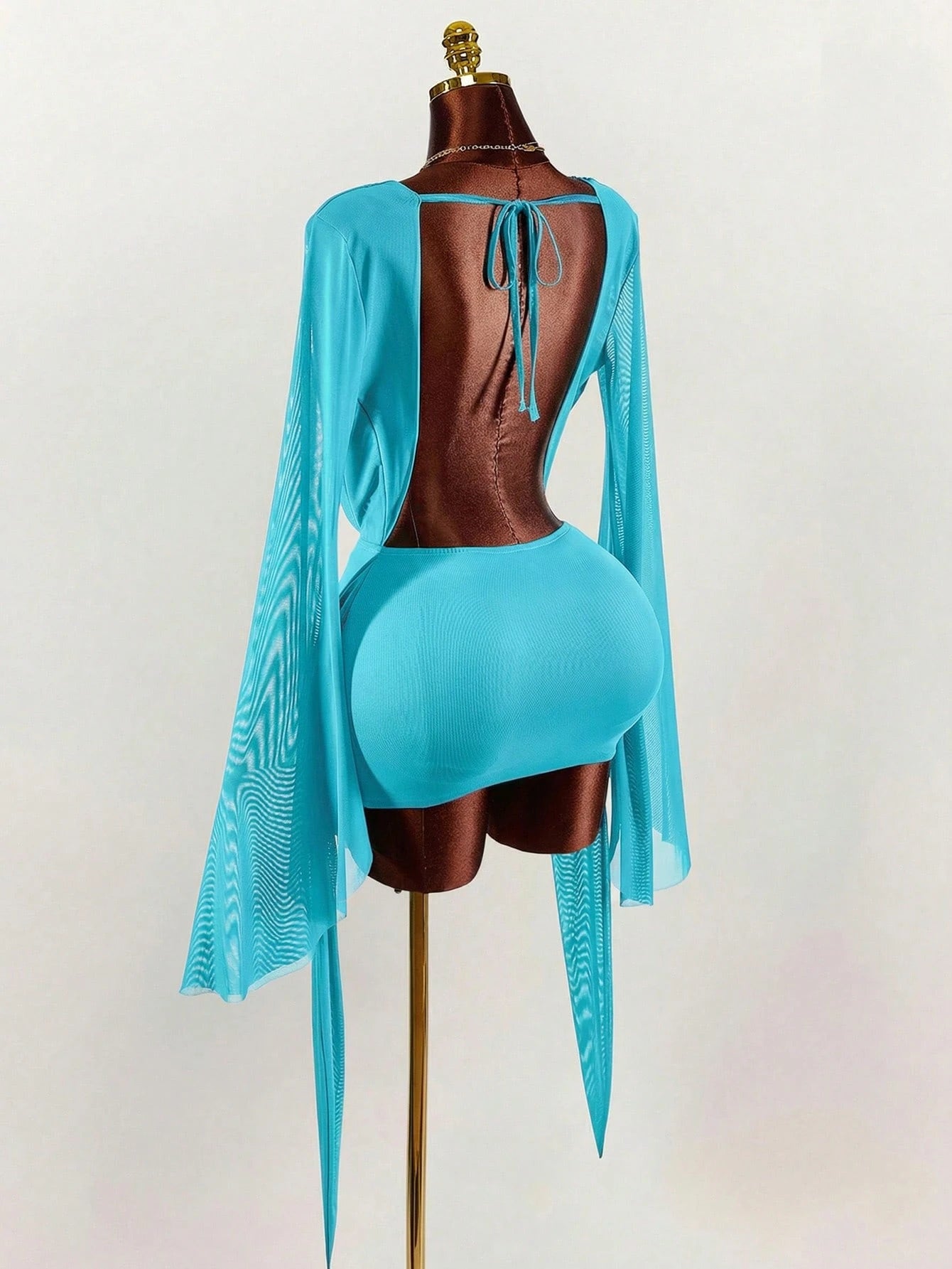 Amplova Romantic Vacation Earthy Tone Low-Cut Draping Collar, Flared Sleeves, Bodycon Mini Dress