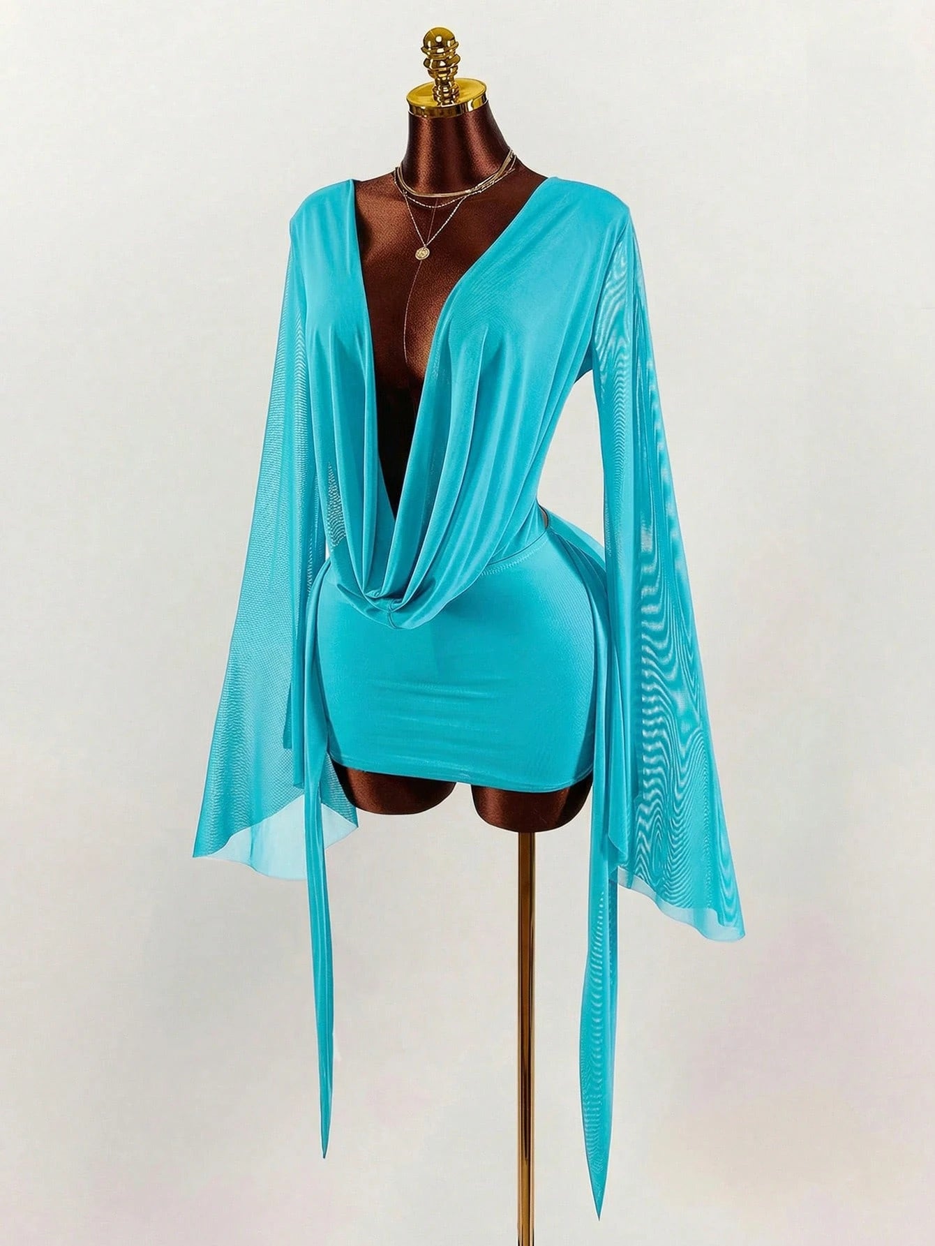 Amplova Romantic Vacation Earthy Tone Low-Cut Draping Collar, Flared Sleeves, Bodycon Mini Dress