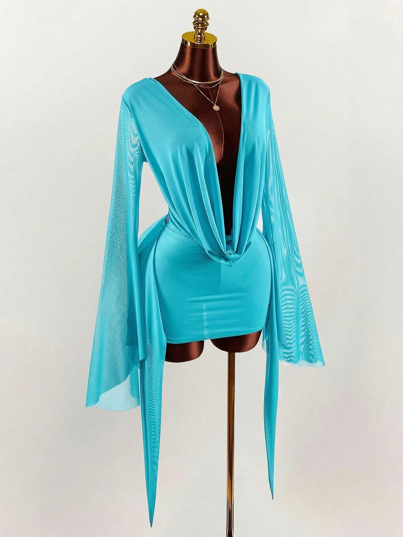 Amplova Romantic Vacation Earthy Tone Low-Cut Draping Collar, Flared Sleeves, Bodycon Mini Dress