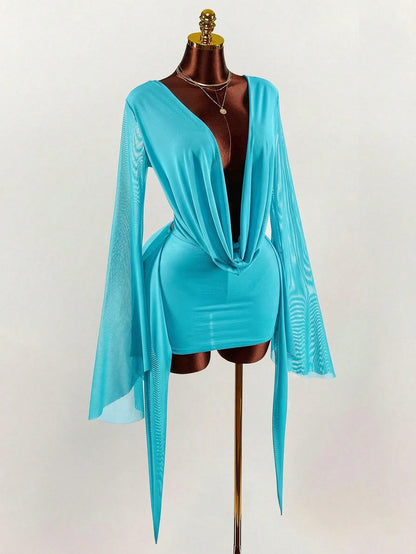 Amplova Romantic Vacation Earthy Tone Low-Cut Draping Collar, Flared Sleeves, Bodycon Mini Dress