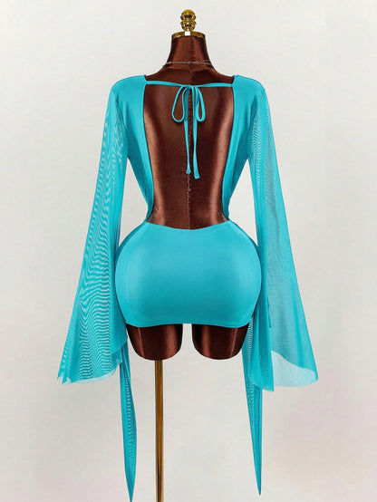 Amplova Romantic Vacation Earthy Tone Low-Cut Draping Collar, Flared Sleeves, Bodycon Mini Dress