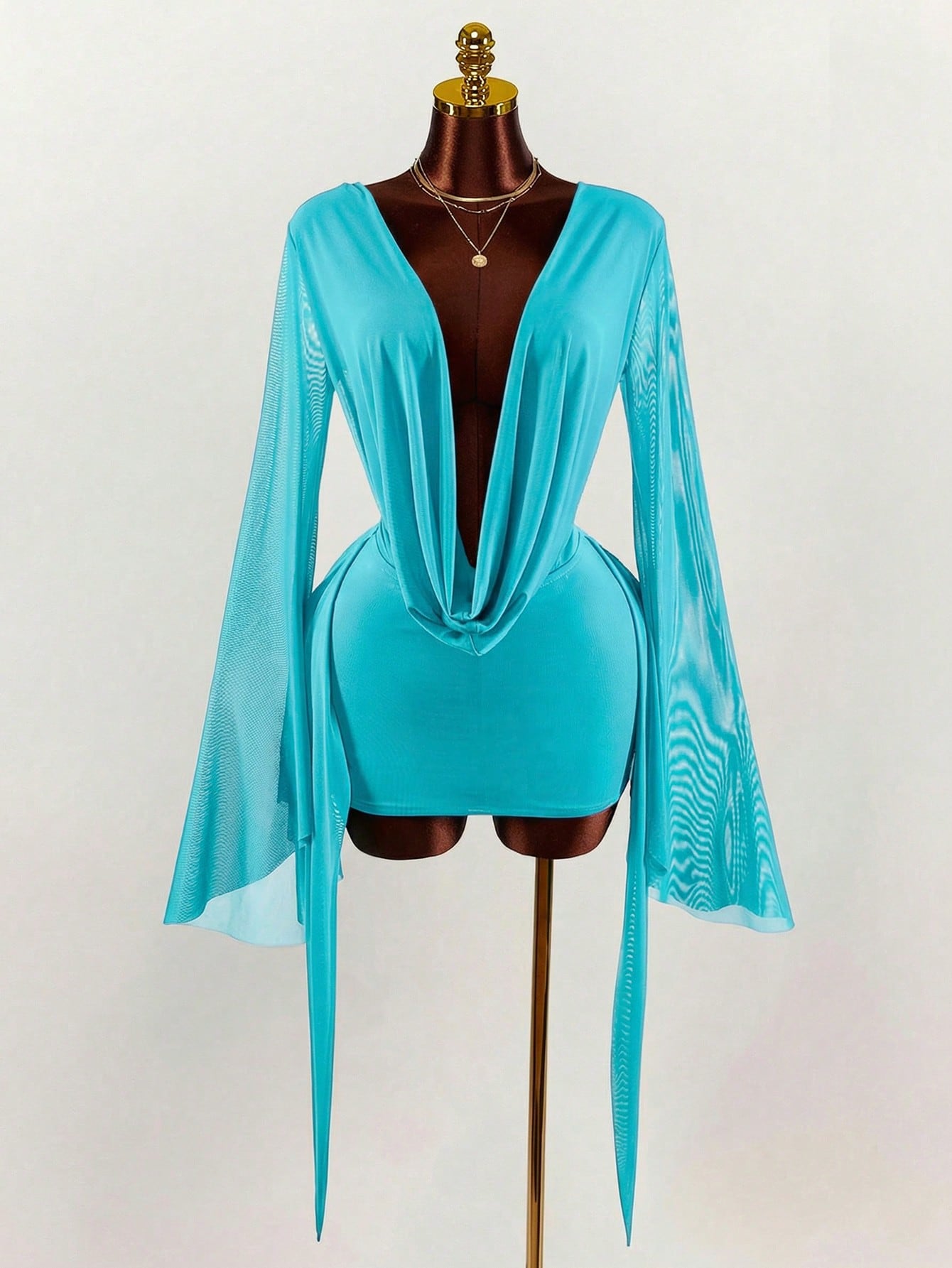 Amplova Romantic Vacation Earthy Tone Low-Cut Draping Collar, Flared Sleeves, Bodycon Mini Dress