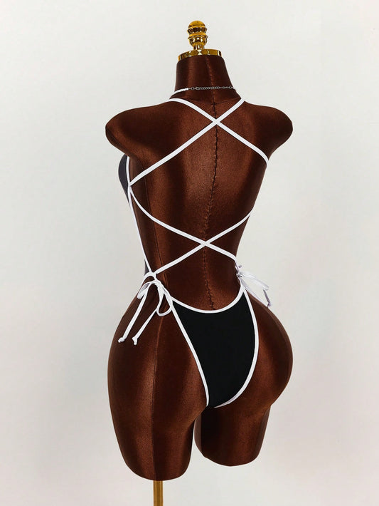 Amplova Women's Backless Contrast Trim Black White One-Piece Swimsuit, Sexy Bandage Vacation Valentine's Day Outfit Beach Party Summer