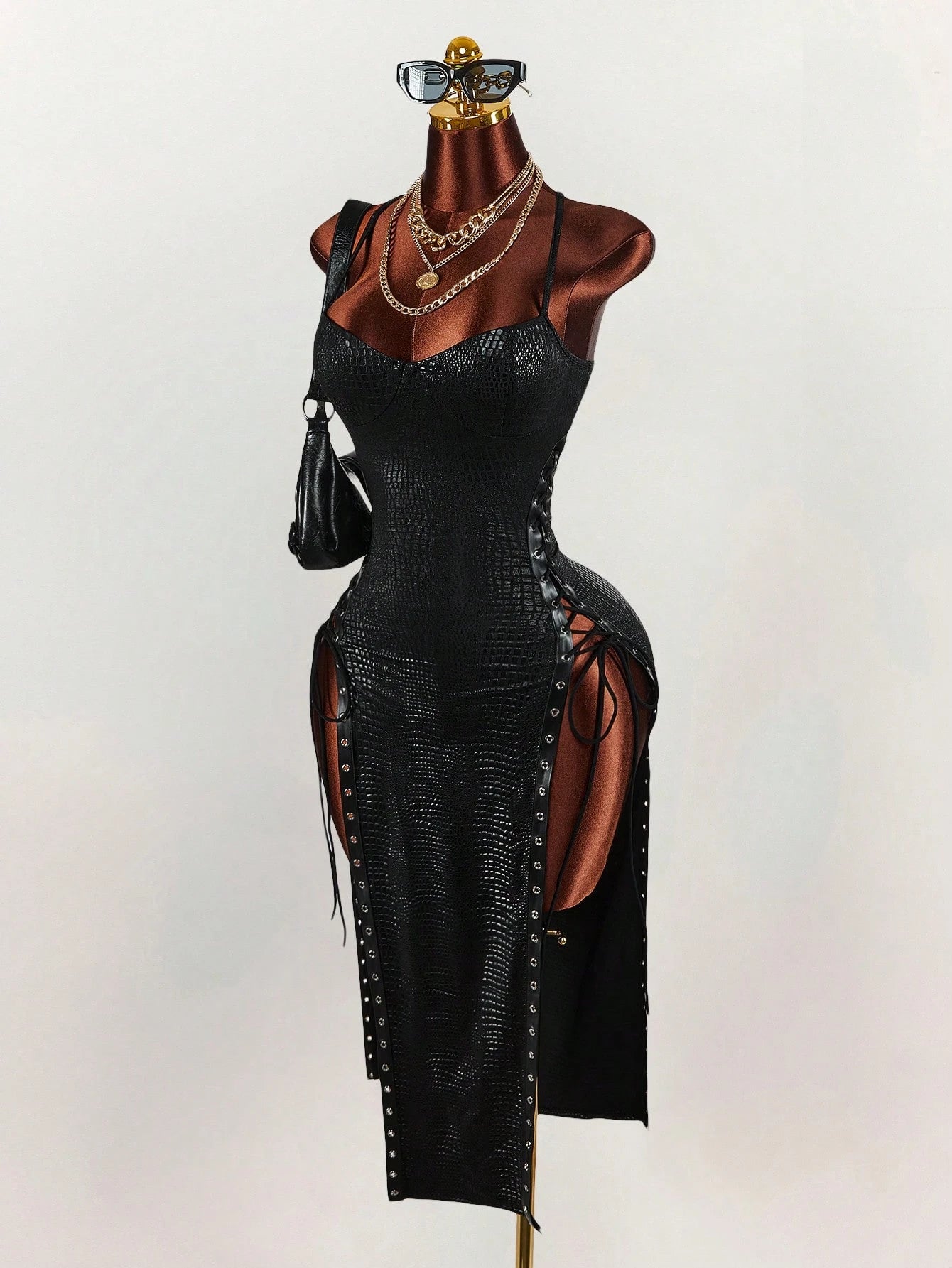 Amplova Women's Keyhole Tie-Up Split Midi Slip Dress Black Summer Techno Club Night Out Rave Y2k Sexy Elegant Date Party Wedding Birthday Vacation Outfit