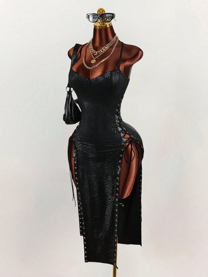 Amplova Women's Keyhole Tie-Up Split Midi Slip Dress Black Summer Techno Club Night Out Rave Y2k Sexy Elegant Date Party Wedding Birthday Vacation Outfit
