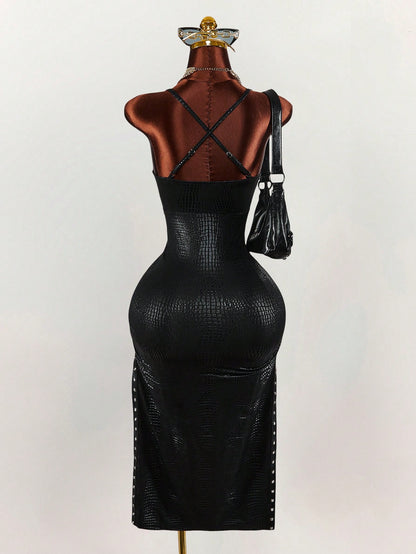 Amplova Women's Keyhole Tie-Up Split Midi Slip Dress Black Summer Techno Club Night Out Rave Y2k Sexy Elegant Date Party Wedding Birthday Vacation Outfit