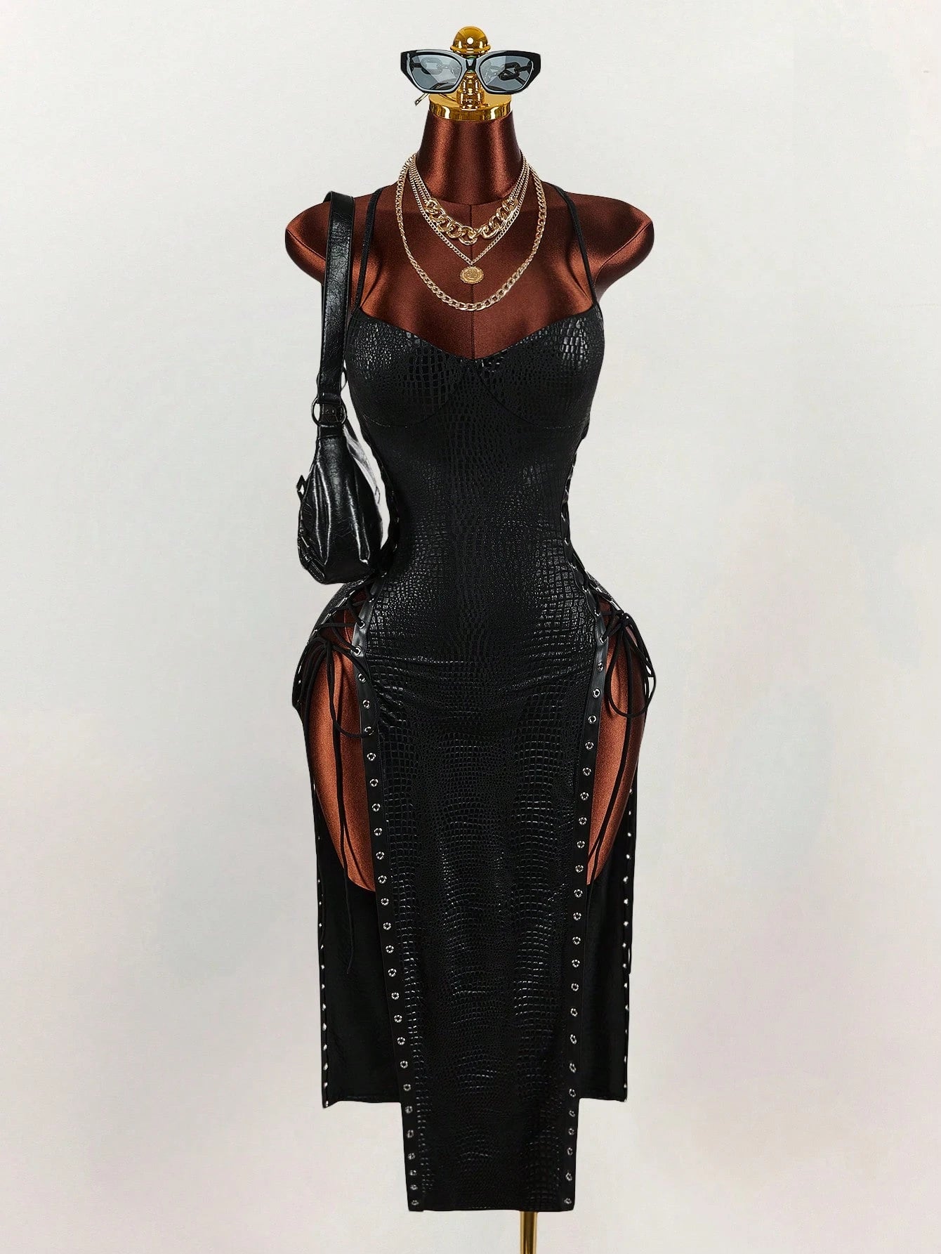 Amplova Women's Keyhole Tie-Up Split Midi Slip Dress Black Summer Techno Club Night Out Rave Y2k Sexy Elegant Date Party Wedding Birthday Vacation Outfit