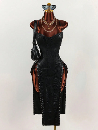 Amplova Women's Keyhole Tie-Up Split Midi Slip Dress Black Summer Techno Club Night Out Rave Y2k Sexy Elegant Date Party Wedding Birthday Vacation Outfit