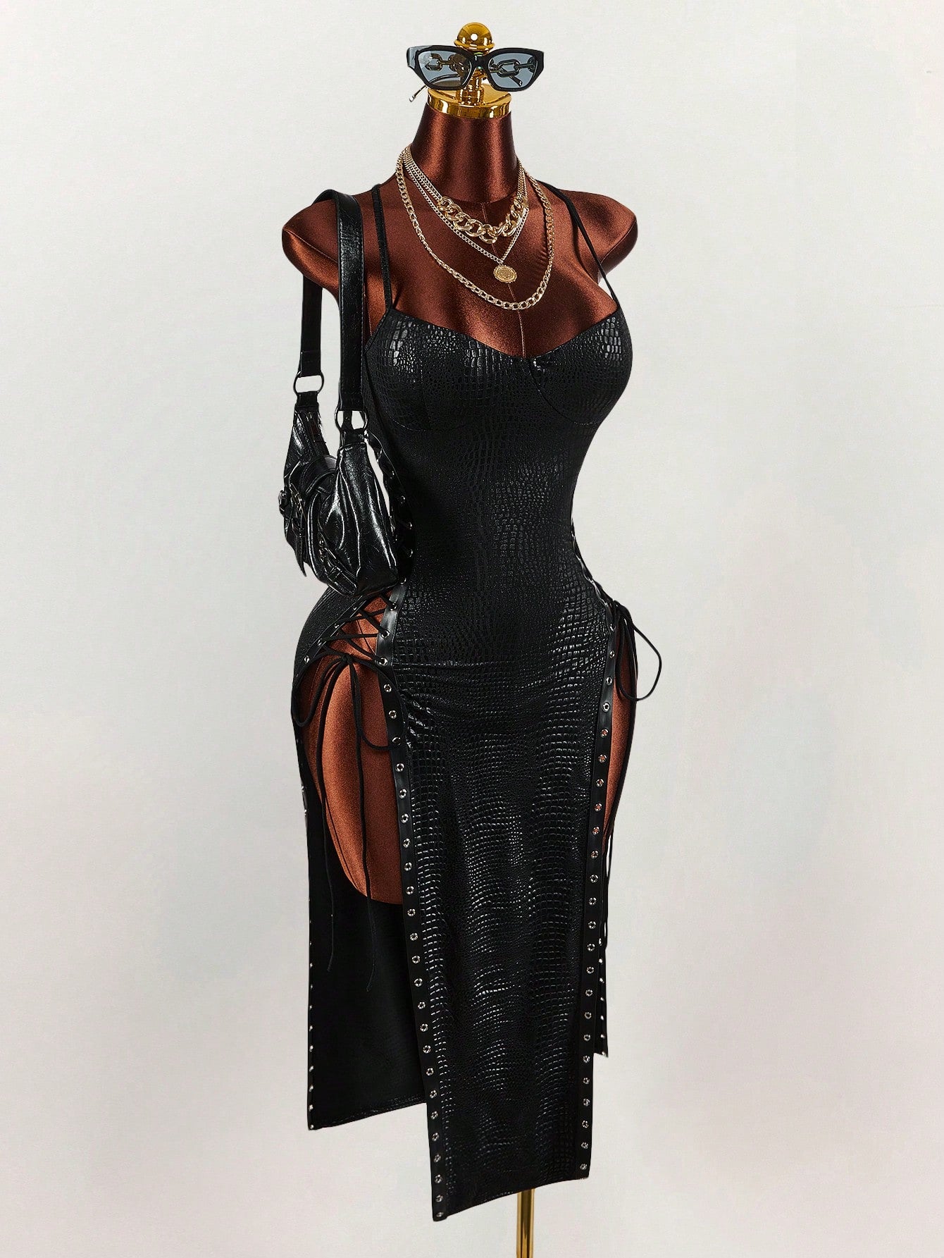 Amplova Women's Keyhole Tie-Up Split Midi Slip Dress Black Summer Techno Club Night Out Rave Y2k Sexy Elegant Date Party Wedding Birthday Vacation Outfit