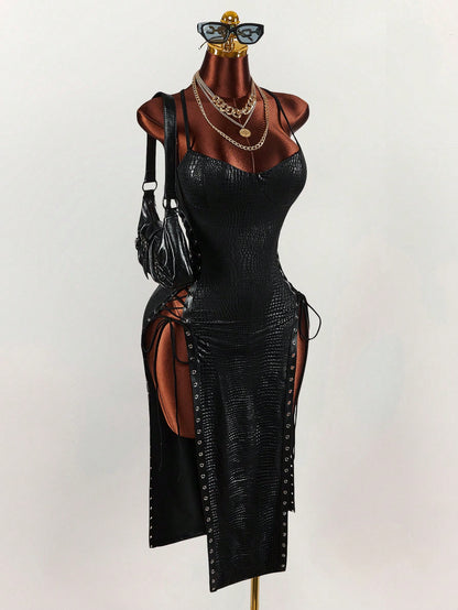 Amplova Women's Keyhole Tie-Up Split Midi Slip Dress Black Summer Techno Club Night Out Rave Y2k Sexy Elegant Date Party Wedding Birthday Vacation Outfit
