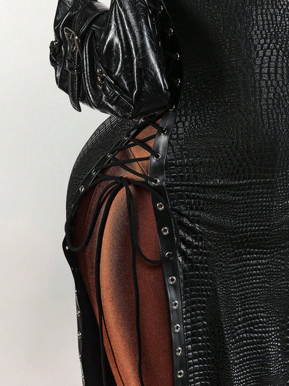 Amplova Women's Keyhole Tie-Up Split Midi Slip Dress Black Summer Techno Club Night Out Rave Y2k Sexy Elegant Date Party Wedding Birthday Vacation Outfit