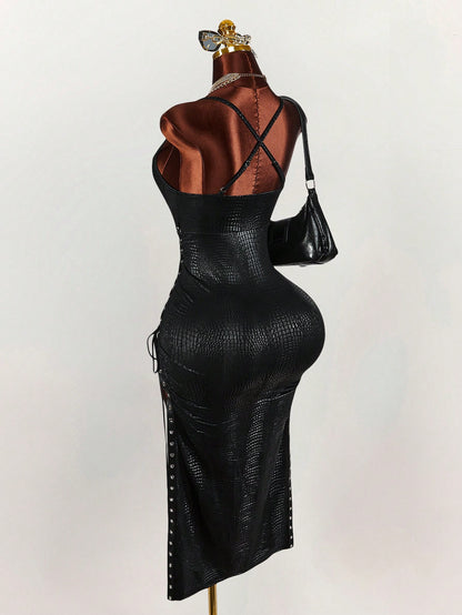 Amplova Women's Keyhole Tie-Up Split Midi Slip Dress Black Summer Techno Club Night Out Rave Y2k Sexy Elegant Date Party Wedding Birthday Vacation Outfit