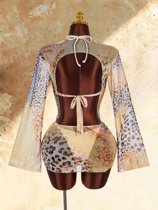 Amplova Women's Long Sleeve Cowl Neck Leopard Print Set
