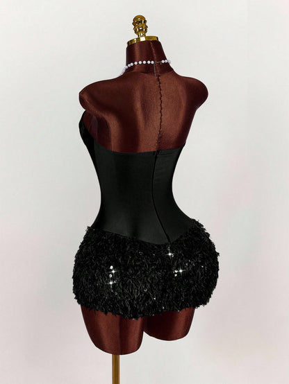 Amplova Women's Solid Color Bustier Patchwork Faux Fur Hem Fitted Fashionable Mini Dress,Party Dresses For Women,Party Dresses For Women,Christmas Party Dress