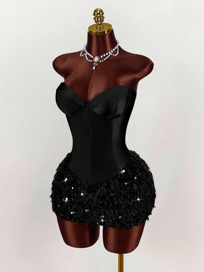 Amplova Women's Solid Color Bustier Patchwork Faux Fur Hem Fitted Fashionable Mini Dress,Party Dresses For Women,Party Dresses For Women,Christmas Party Dress