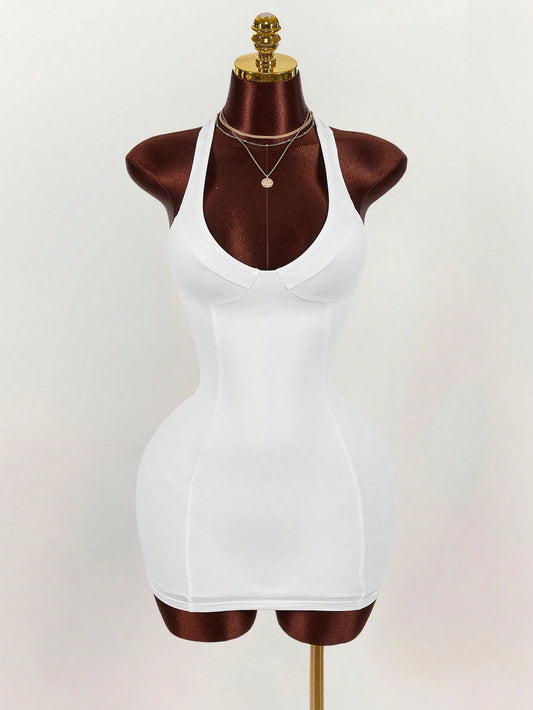 Amplova Women's White Deep V-Neck Backless Mini Bodycon Dress Summer Y2K Sexy Heart-Shaped Bust Sleeveless Racerback Club Night Out Bandage Outfit