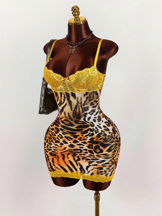 Amplova Y2K Sexy Leopard Print Party Club Yellow Lace Cup Detail Tropical Floral Mesh Bodycon Mini Dress Cheetah Outfits Two Piece Animal Set Summer