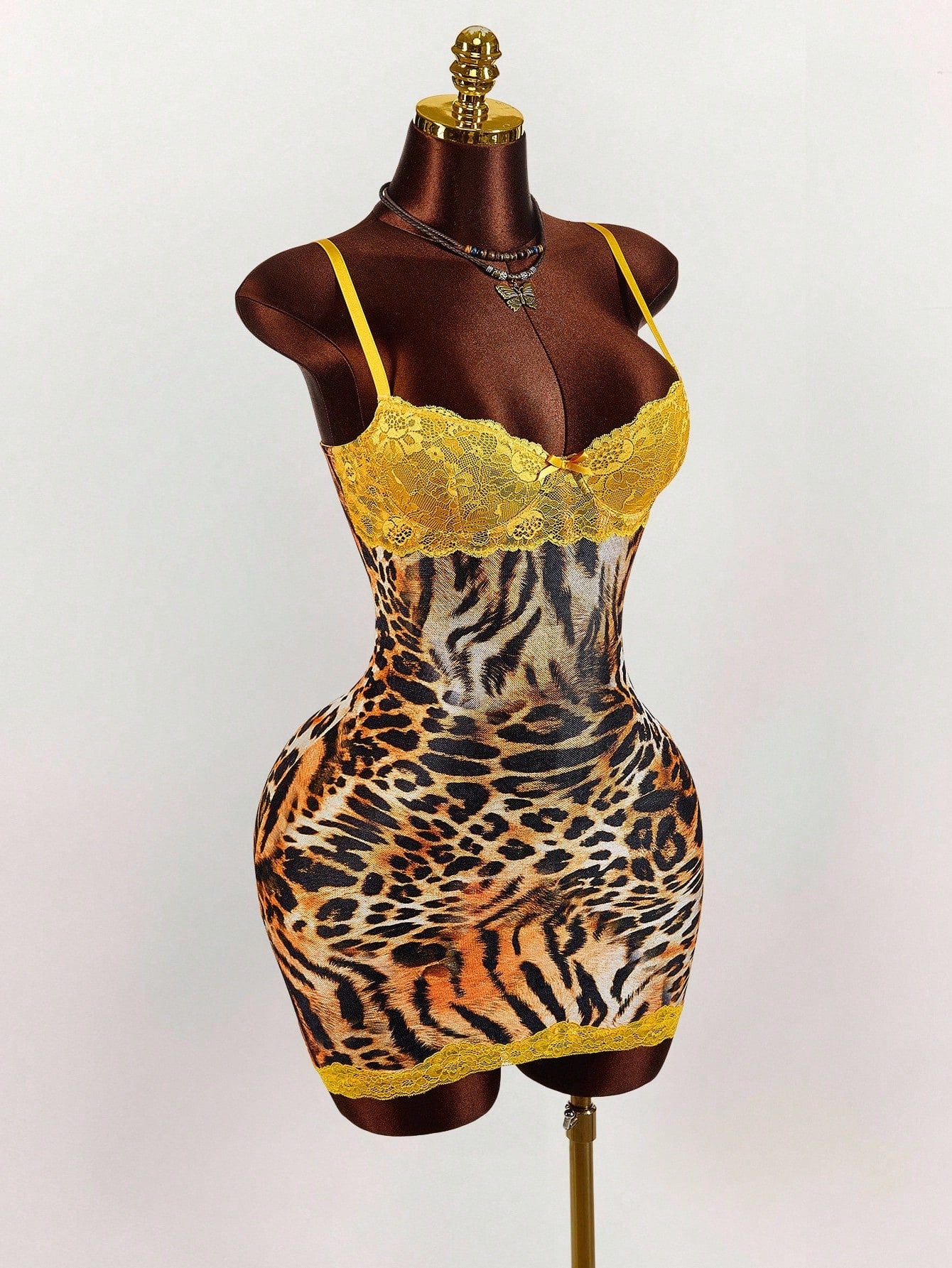 Amplova Y2K Sexy Leopard Print Party Club Yellow Lace Cup Detail Tropical Floral Mesh Bodycon Mini Dress Cheetah Outfits Two Piece Animal Set Summer