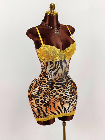 Amplova Y2K Sexy Leopard Print Party Club Yellow Lace Cup Detail Tropical Floral Mesh Bodycon Mini Dress Cheetah Outfits Two Piece Animal Set Summer